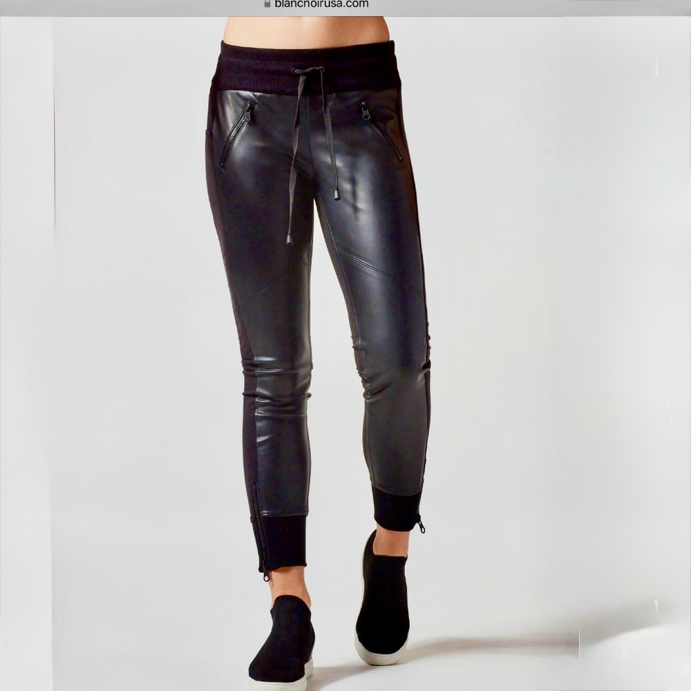 Blanc Noir Faux Leather Front Joggers